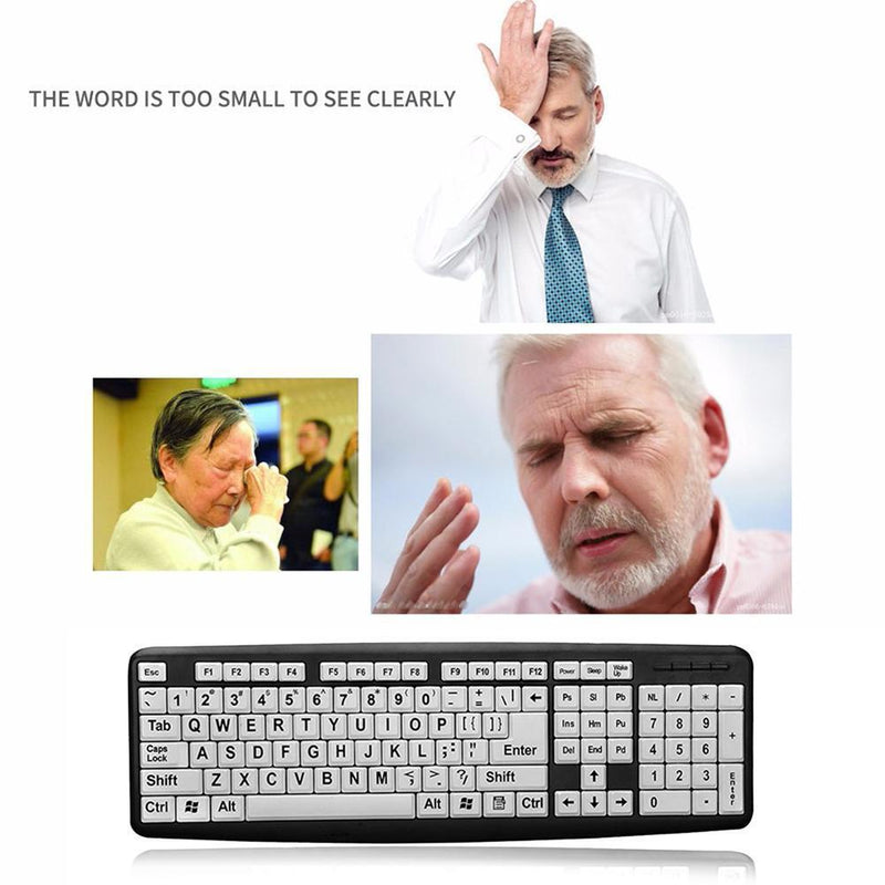 104 Keys USB Wired White Keys Black Letter Large Print Keyboard for Old People