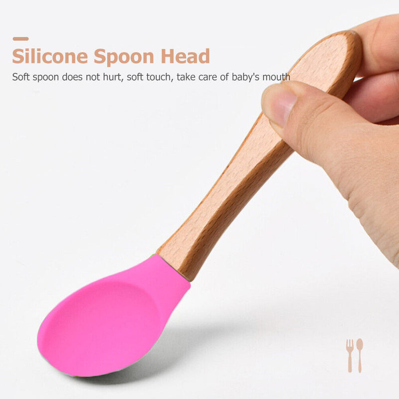 Baby Wooden Silicone Feeding Spoon Toddlers BPA-free Tableware (8) Newly