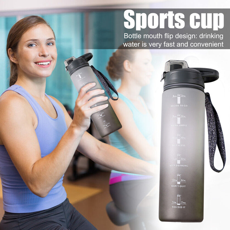 1000ml Sports Water Bottle with Time Marker Outdoor Fitness Cups (Grey) Newly