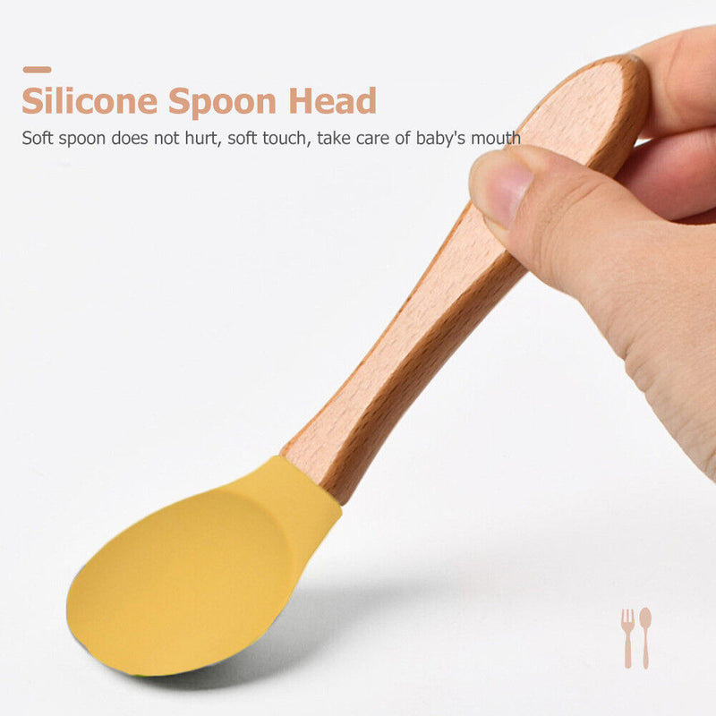 Baby Wooden Silicone Feeding Spoon Toddlers BPA-free Tableware (28) Newly