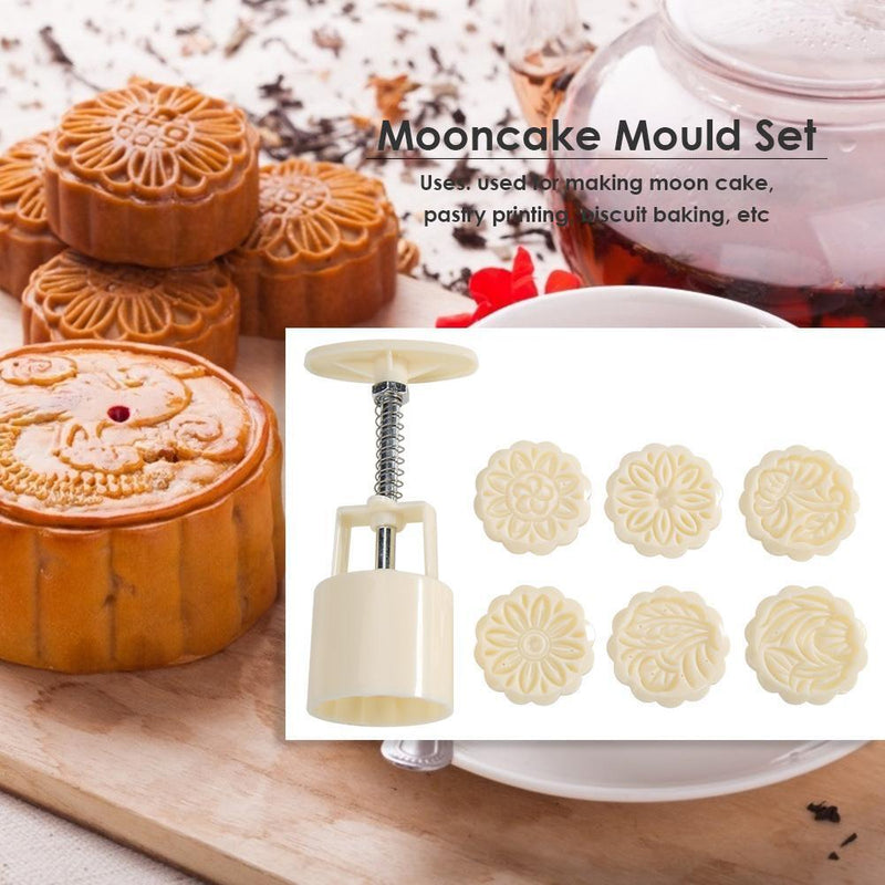 7pcs Stamps Round Mooncake Mould Hand Pressed Cake Decor Kitchen DIY Baking