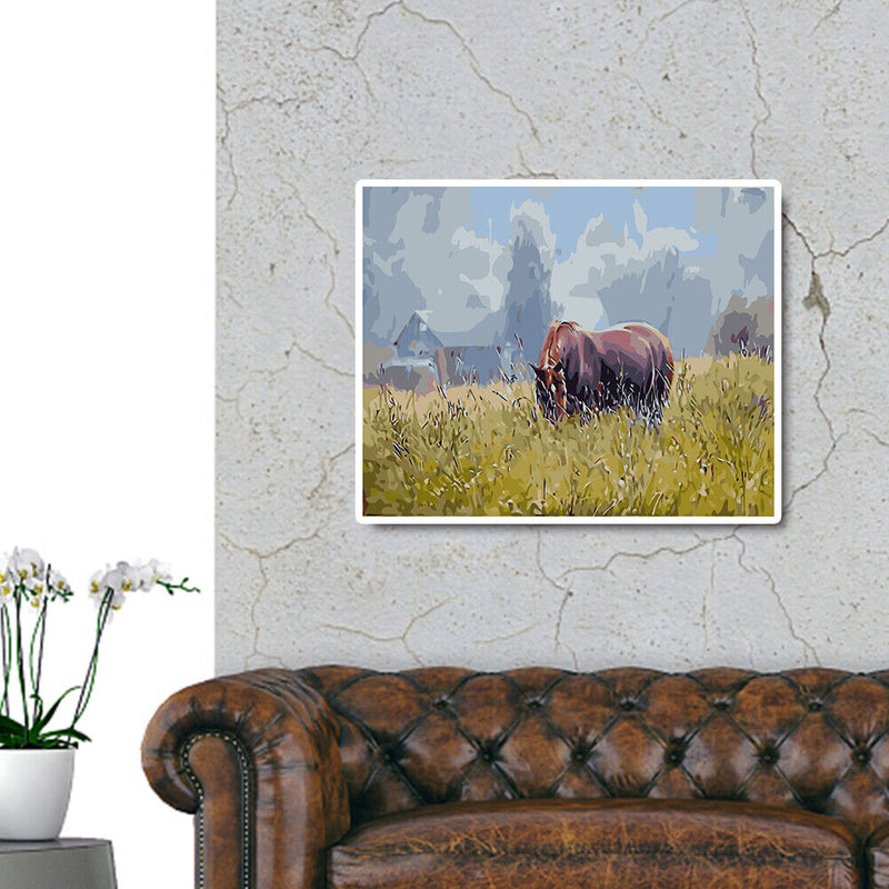 DIY Oil Painting By Numbers Kit Horses Eat Grass Hand Painted Picture Home Decor