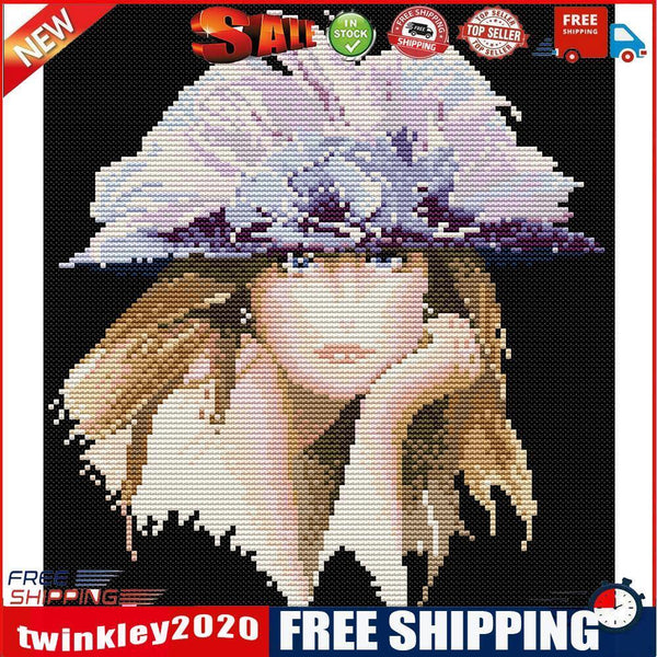 14CT Full Cross Stitch Purple Hat Lady Stamped DIY Embroidery Kits Crafts