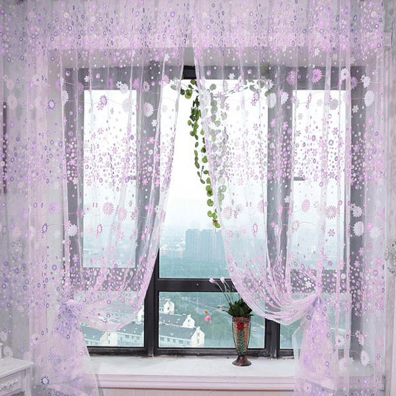 2pcs 200x100CM Floral Printed Tulle Voile Window Curtain ?Purple ?