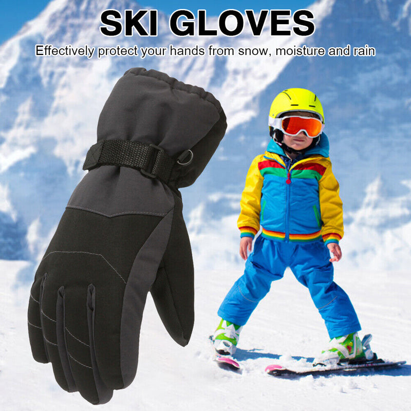 2pcs Kid Winter Thickened Warm Ski Gloves Waterproof Mittens (Black 7-12Y)