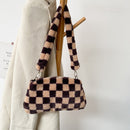 Women Winter Plush Shoulder Bag Cute Print Underarm Bags (Brown Checkered)