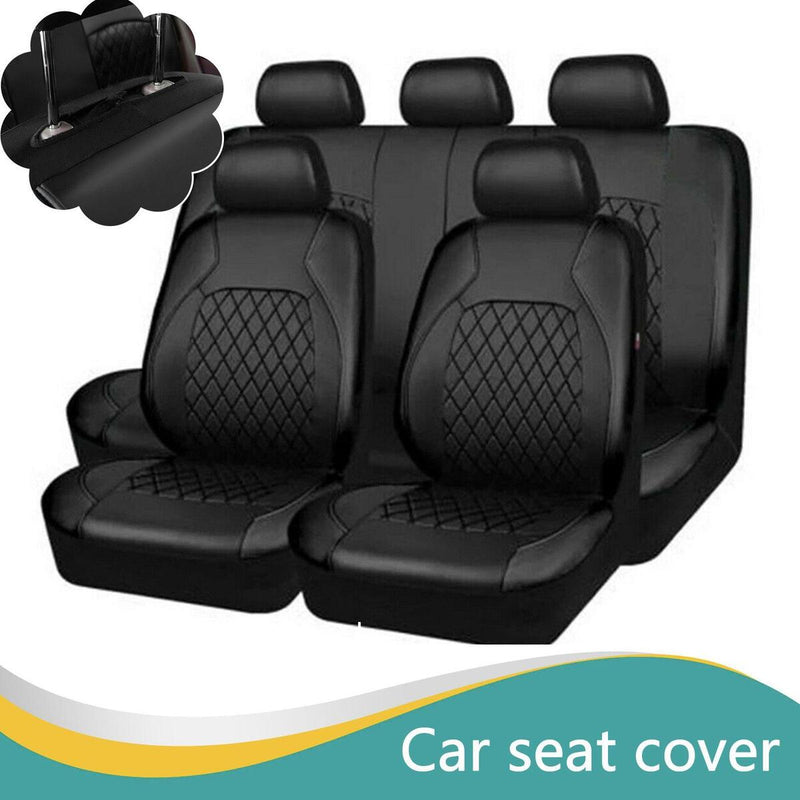 Black Leather 5-Sits Car Seat Covers Front Rear Full Interior Cushion 9Pcs