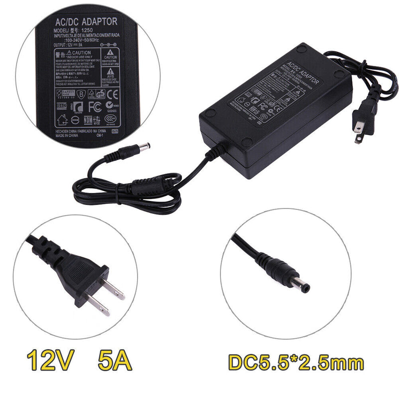 12V 5A AC to DC Power Adapter Dual Cable Converter Universal 5.5x2.1-2.5mm