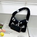 Women Flower Heart Shoulder Bag Fashion Plush Small Handbags (Black Flower)