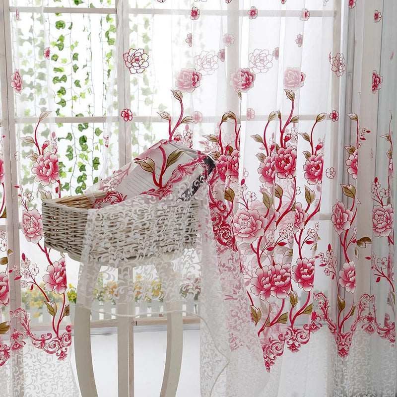 2PCS Peony Curtain Living Room Bedroom Home Door Window Curtain (Pink)