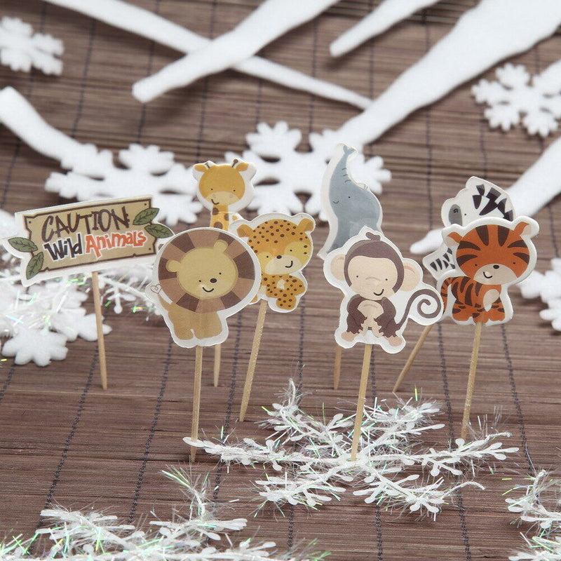 24pcs Cake Dessert Inserted Card with Zoo Animal Elephant Lion Pattern