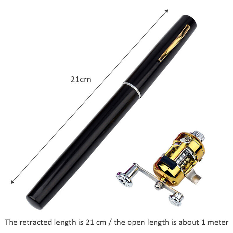 Portable Pocket Mini Aluminum Pen-Shape Fishing Rod w/ Reel Wheel (Black) Newly