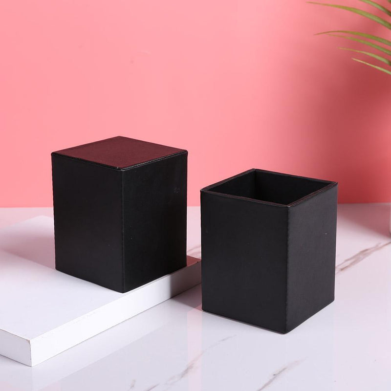 Square Leather Makeup Brush Holder Travel Cosmetic Pen Storage Cup (Black)
