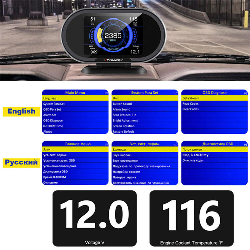 KONNWEI KW206 2 in 1 OBD TFT Screen On-Board Computer Auto Head-Up Display