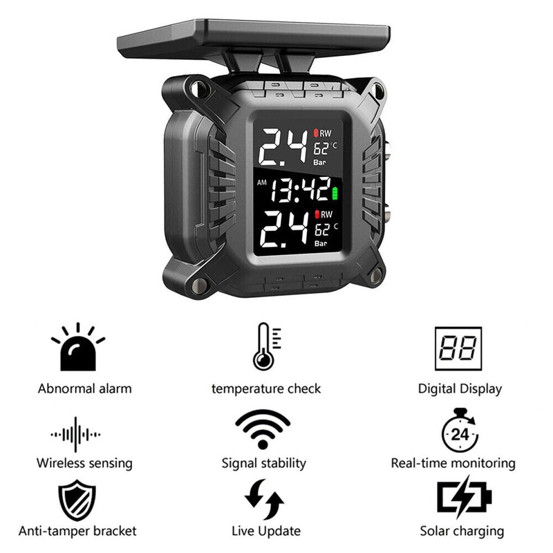 Solar Motorcycle TPMS Tire Pressure Monitoring System with 2 External Sensor