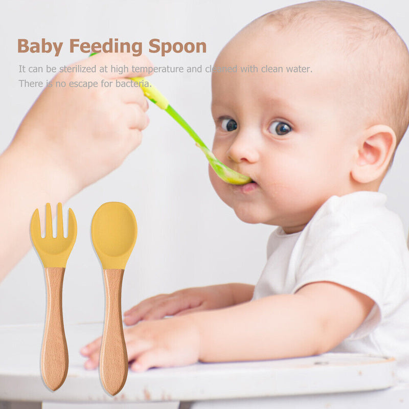 Baby Wooden Silicone Feeding Spoon Toddlers BPA-free Tableware (28) Newly