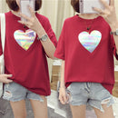 Cozy Women Fashion Love Heart Print Tops Summer Round Neck Half Sleeve T-shirts