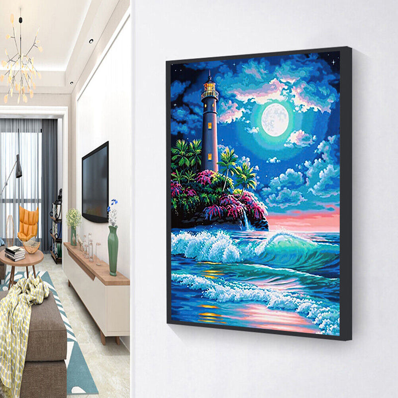 Lighthouse Full Moon 5D DIY Full Square Diamond Painting Digital Coloring M