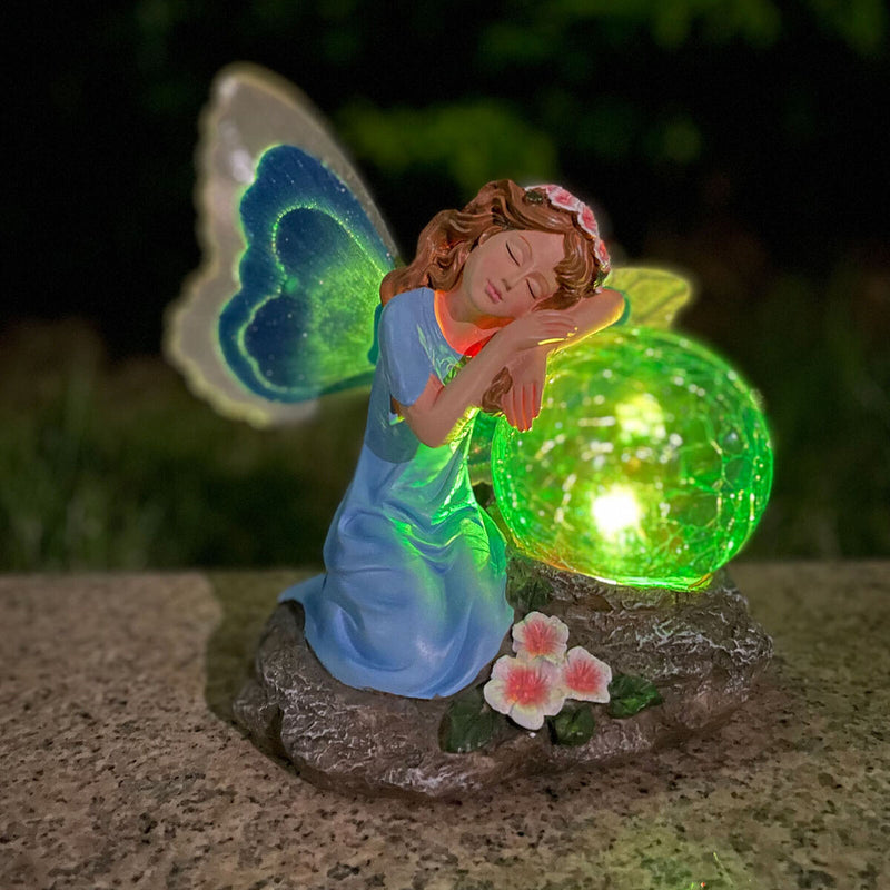 Garden Fairy Statue Waterproof Outdoor Sculpture with Solar Lights (Blue) Newly