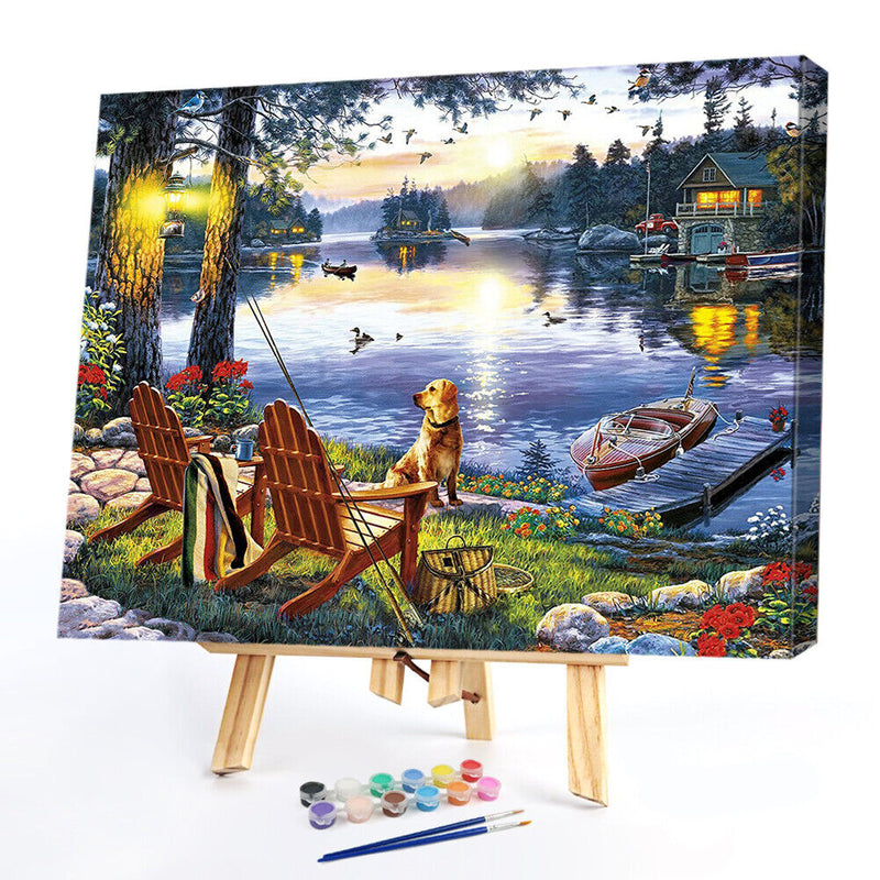 DIY Paint By Number Kit Lake House Scenery Acrylic Paint Art Craft Decor Gift