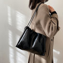 Retro PU Women Solid Color Bucket Bags Drawstring Large Capacity Shoulder Bag