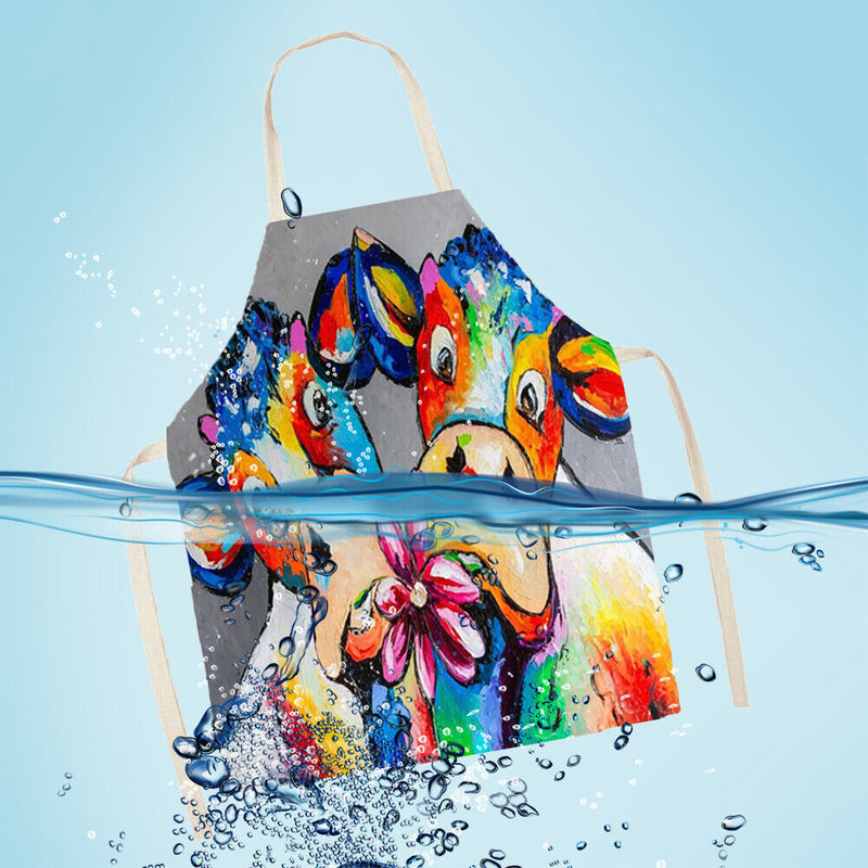 Oil Paint Cattle Print Kitchen Linen Apron Waterproof Bibs Pinafore for Women
