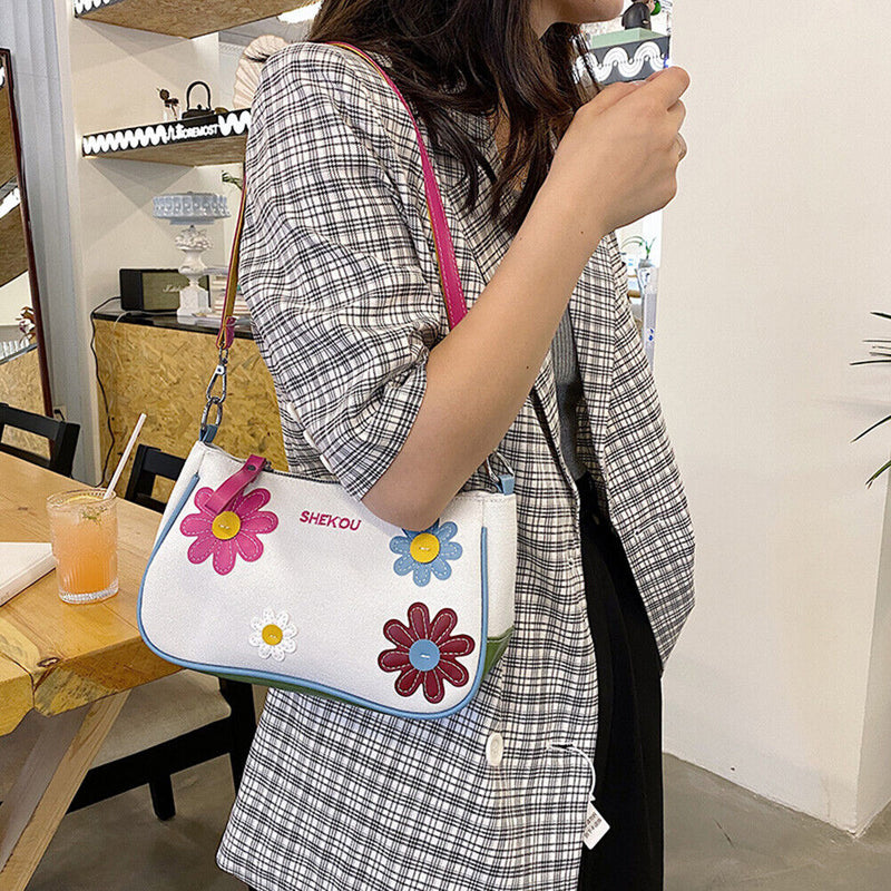 Fashion Women Flower Contrast Color Canvas Underarm Bag Casual Small Handbags