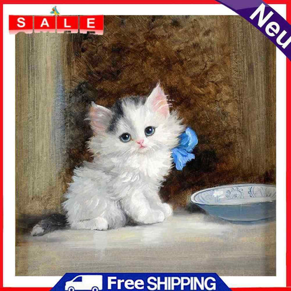 Hand Painted on Canvas DIY Cute White Cat Oil Paint By Numbers Drawing Kit Craft