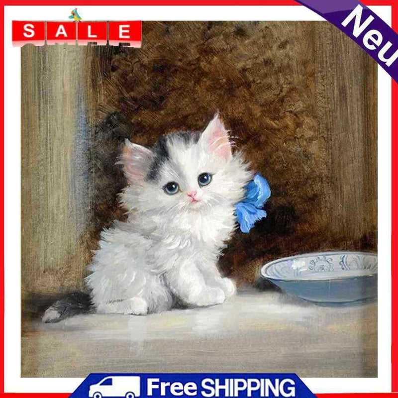 Hand Painted on Canvas DIY Cute White Cat Oil Paint By Numbers Drawing Kit Craft