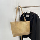 Large Capacity Woven Handbag Women Straw Fashion Leather Splicing Shoulder Bags
