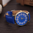 Women Lovely Flowers Printed Leather Belt Quartz Strap Student Watch(Blue)