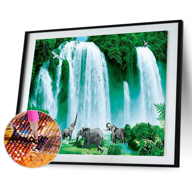 5D DIY Diamond Painting Elephants Waterfall Full Round Drill Crafts Mosaic Sets
