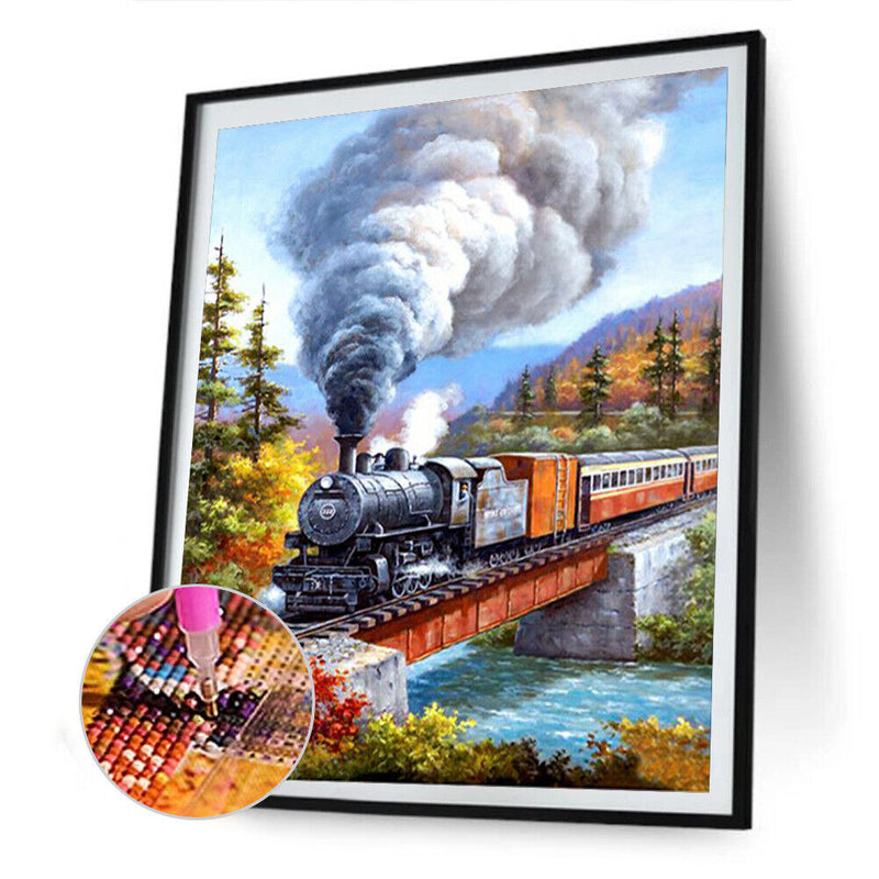 5D DIY Full Drill Round Shape Train Scene Rhinestone Diamond Drawing Home Decor