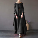 Plus Size Batwing Sleeve Rope Pure Color Linen Women Maxi Dress (Black 2XL)