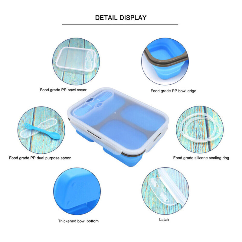 1350ml Silicone Rectangle Lunch Box Collapsible Bento Folding Bowl (Blue) Newly