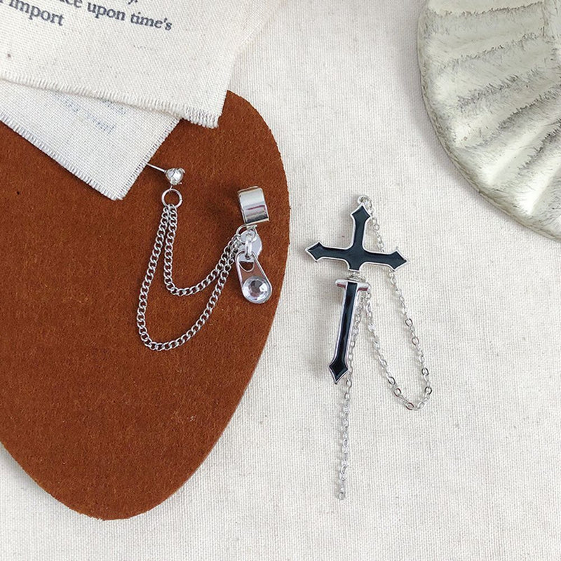 European Style Cross Earrings Punk Long Chain Stud Earrings Zipper Dangle Drop