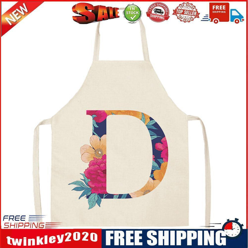 Flower D Print Linen Apron Simple Waterproof Kitchen Cooking Bib (68x55cm)