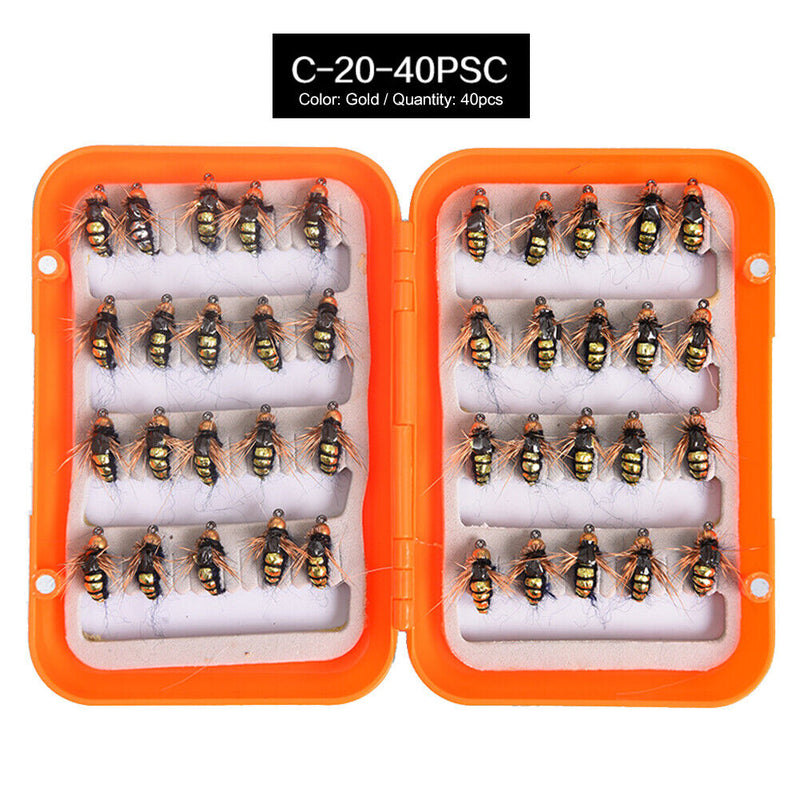 #A 40pcs Simulation Fly Fishing Lures Artificial Bead Head Insects Bait Tackle