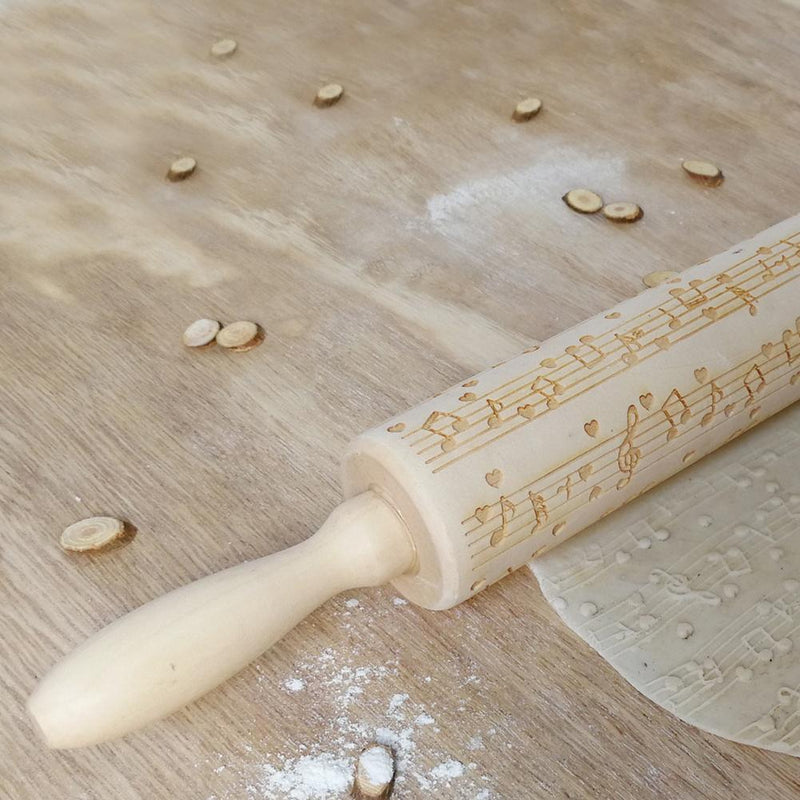 Musical Note Wood Embossing Rolling Pin DIY Baking Cookies Engraved Stencil