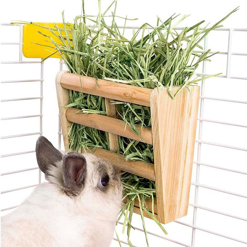 Wooden Feeder Food Bowl Small Animals Grass Frame Holder Rabbit Straw Container