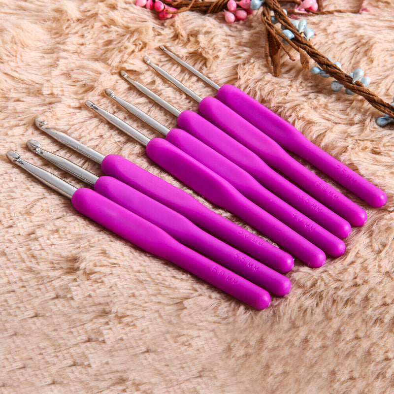 8 sizes Soft Plastic Handle Home Aluminum Crochet Knit Hook Needle Purple Newly