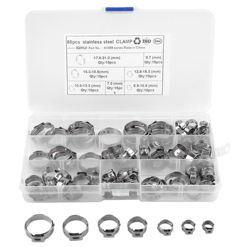 80pcs/Lot 304 Stainless Steel Single Ear Hose Clamps 7-21mm Assortment Kit