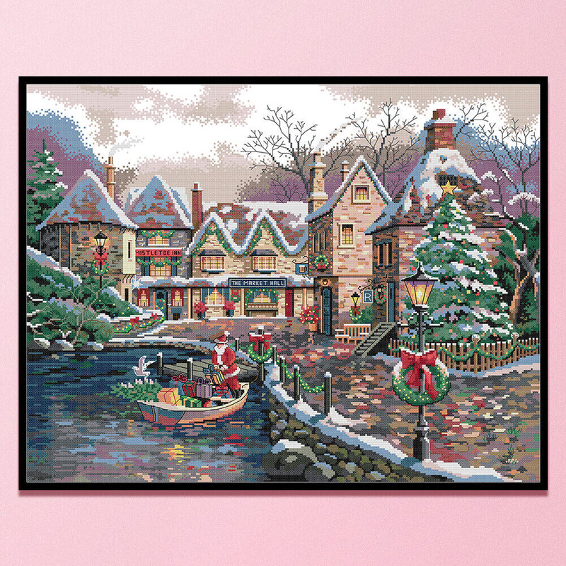 14CT Printed Partial Embroidery Christmas Town Needlework DIY Cross Stitch