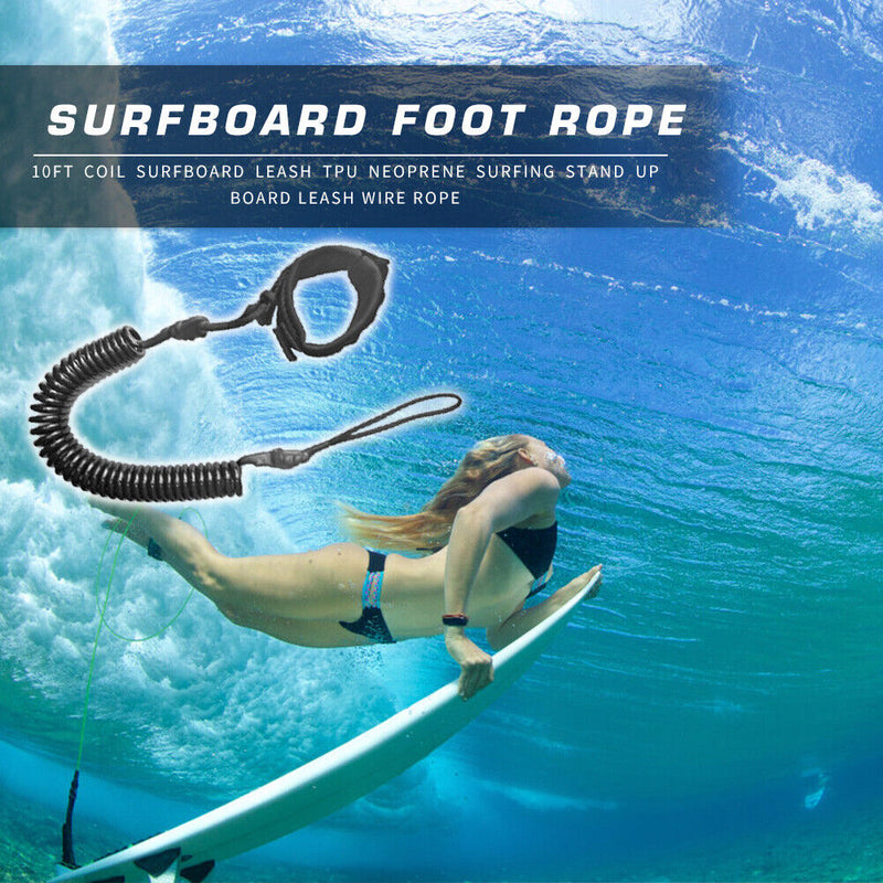 10ft Coil Surfboard Leash Surfing Stand Up Board Leash Wire Rope Black Newly