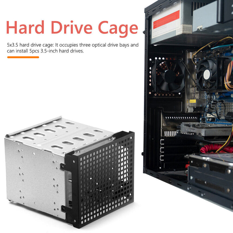 DIY Hard Drive Cage Rack 5.25 inch to 5x 3.5inch Bracket with 12cm Fan Space