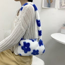 Retro Women Flower Print Shoulder Underarm Bag Winter Plush Purse (Blue)