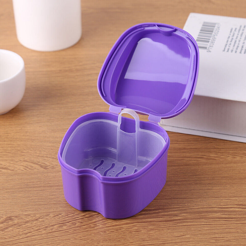 Denture Care Bath Box Clean False Teeth Nursing Hang Net Container (Purple)