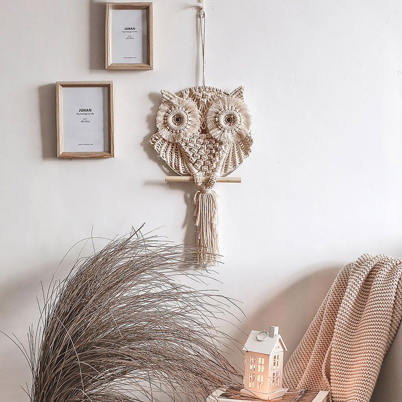 Braided Owl Cotton Pendant Wall Decoration with Cotton Rope Handmade Woven Ropes