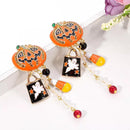 Orange Enamel Crystal Halloween Pumpkin Hanging Earrings*