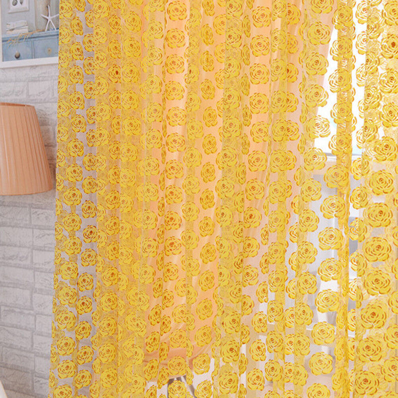 Balcony Window Curtain Rose Pattern Sheer Voile Tulle Valances Yellow
